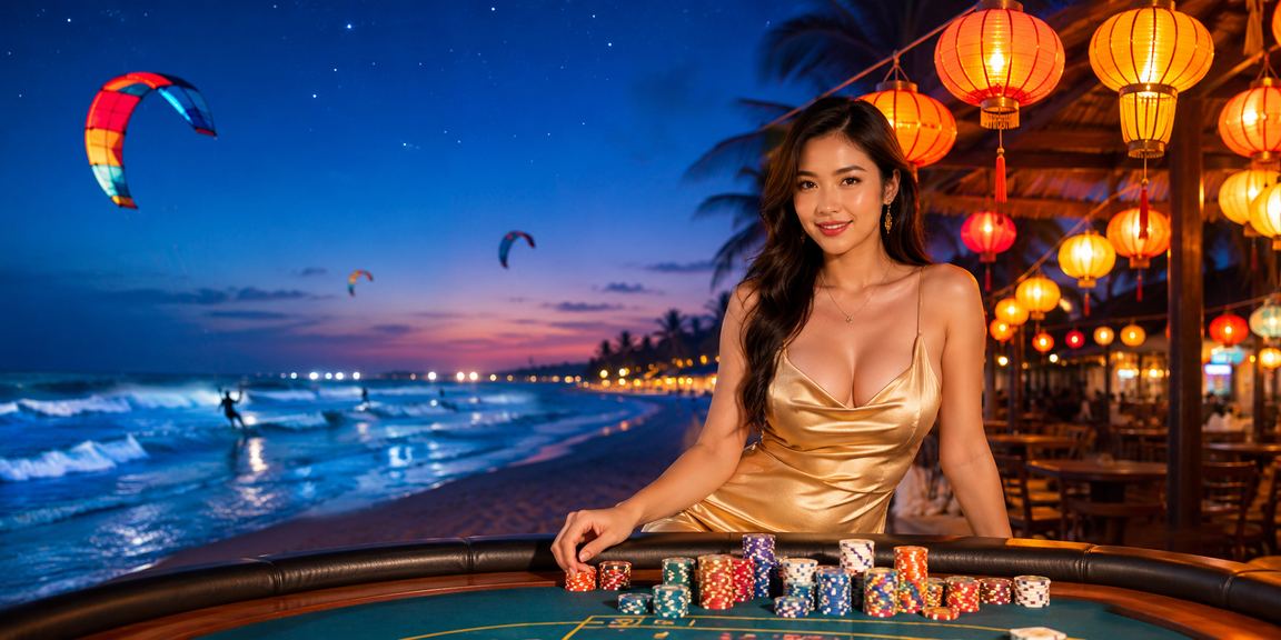 Không gian casino đầy màu sắc với đèn lồng Hội An và bàn cược trực tuyến